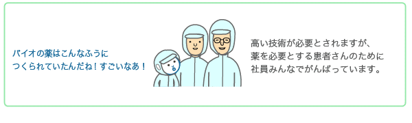 バイオの薬はこんなふうにつくられていたんだね、すごいなあ！高い技術が必要とされますが、薬を必要とする患者さんのために社員みんなでがんばっています。
